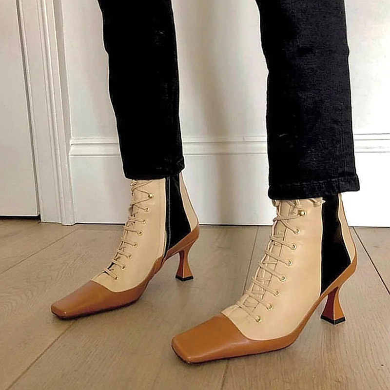 Модные женские ботинки с квадратным носком лоскутные ботильоны на шнуровке и