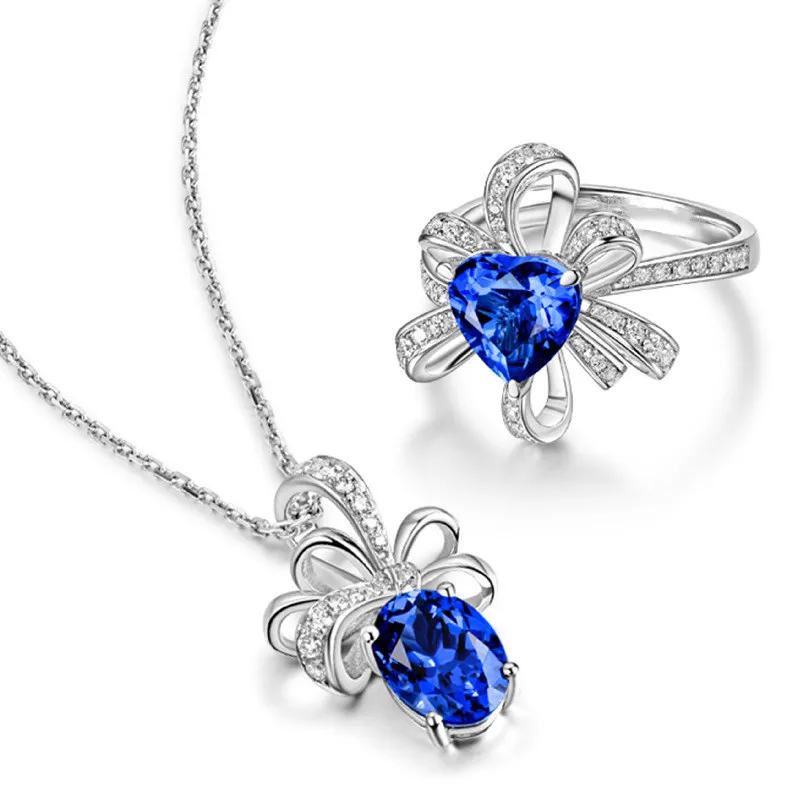 

Luxury Crystal Blue Bowknot Women Choker Necklaces Sets Lady Jewelry Female Sivler Ring For Girl Bride Wedding Accessories