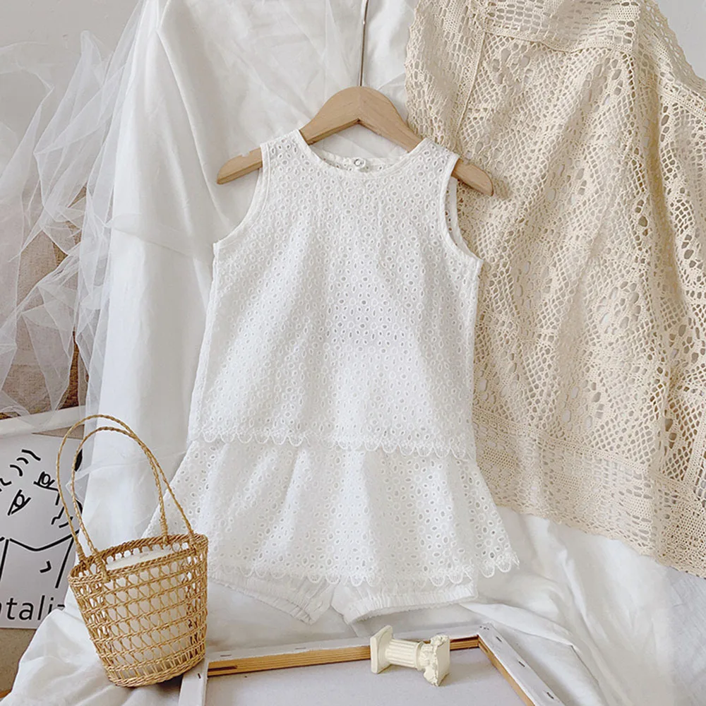 

Hollead Children's Clothing Sets Baby Girls White Embroidery Top Princess Costume Summer 2021 Kids Vest+Shorts Clothes Set
