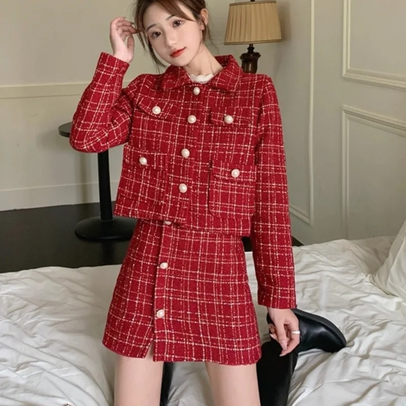 

Autumn Winter Vintage Tweed Two Piece Set Women Woolen Short Jacket Coat Tops + Mini Skirts sets Small Fragrance 2 Piece Set