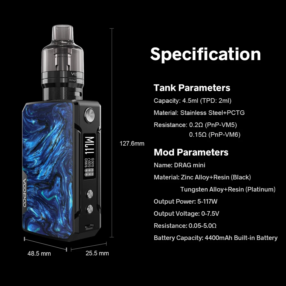 Оригинальный бокс-мод VOOPOO Drag Mini Обновление 117 Вт бак 4 5 мл PnP Pod 4400 мАч встроенный