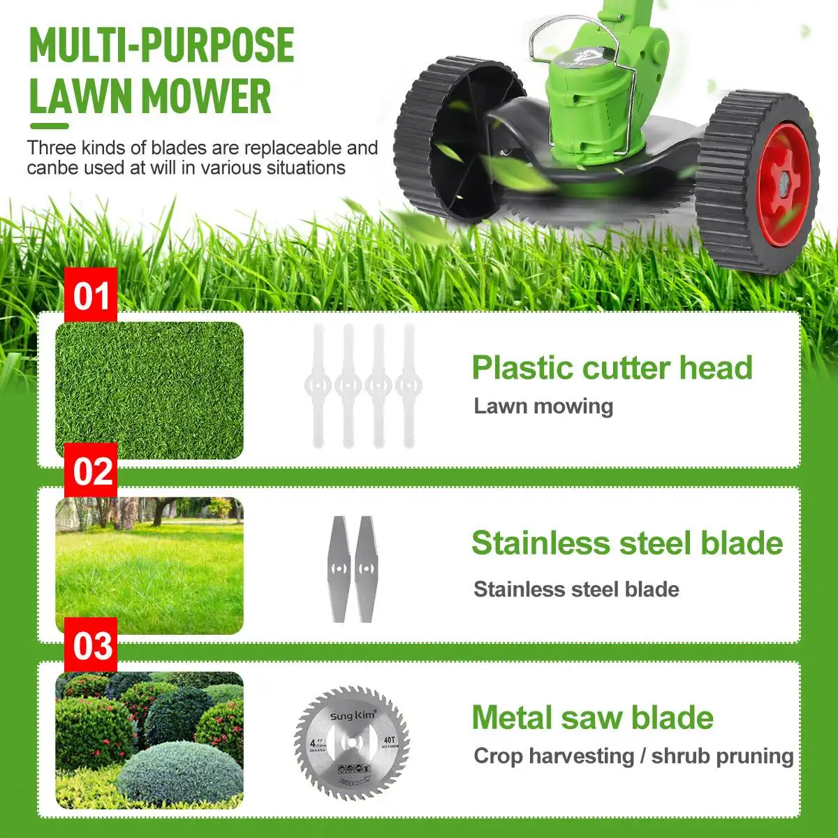 21V 1800W Electric Grass Trimmer Cordless Lawn Mower Weeds Strimmer Grass Cutter Garden Power Tools With 2PCS Battery & Wheels