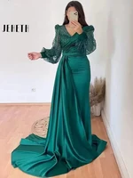 jeheth dark green mermaid evening dresses puff long sleeve v neck sparkly sequins plus size prom party gown vestidos sain