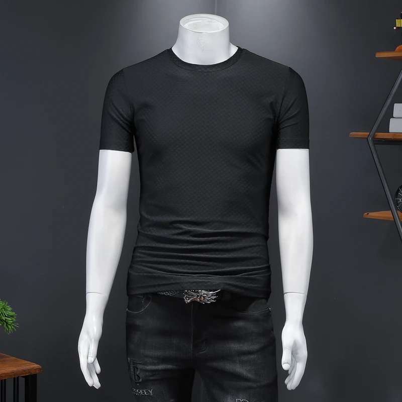 

Classic Solid Color Men's T-Shirts Great Brand Designer Small Plaid Pattern Tee Shirt Short Sleeve Male Summer Clothing 2022