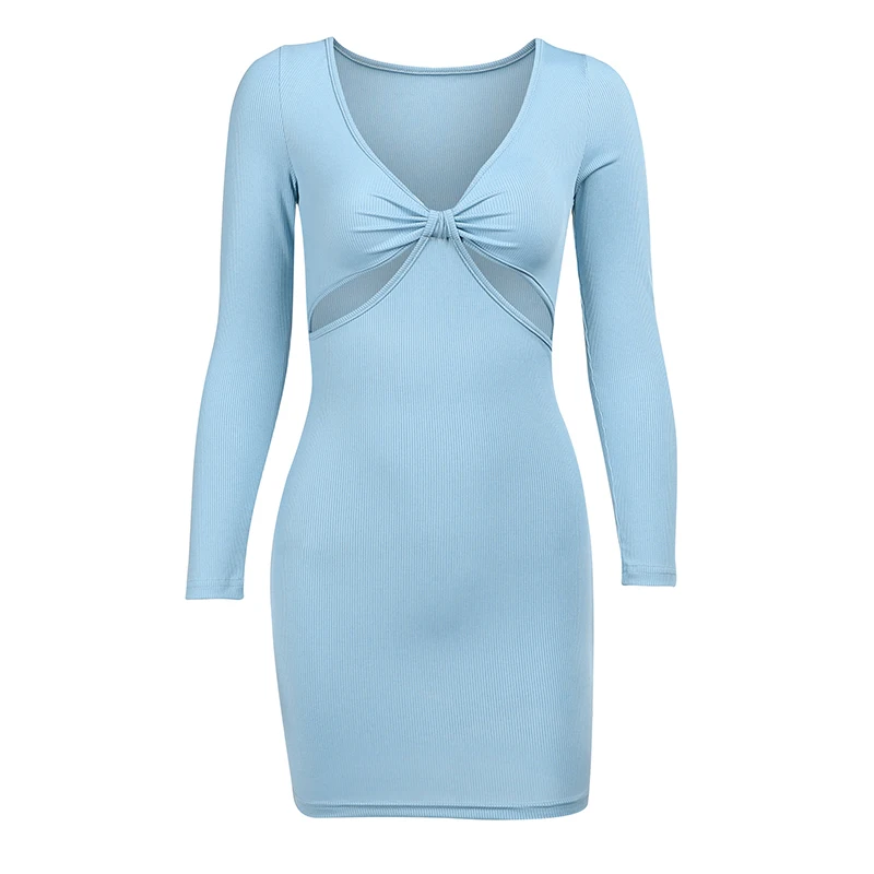 

Ruched Elegant Solid Spring Sexy Fashion Mini Dress For Women 2021 Cut Out Hollow Out Long Sleeve V-Neck Women's Dress