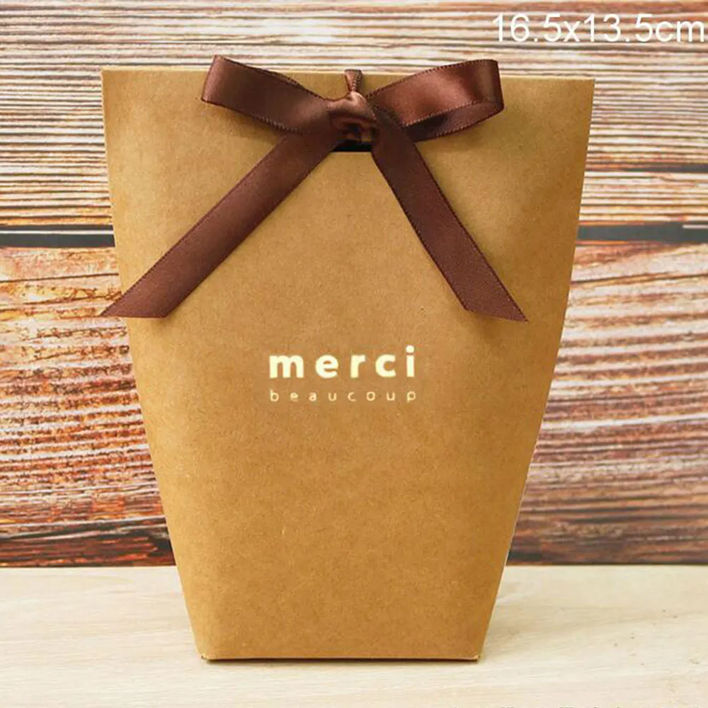 Kraft Merci 10 шт./партия, французские подарочные бумажные пакеты, креативные бронзовые ленты с бантом, дизайнерские Упаковочные сумки, Свадебные вечерние сумки, поставщики - Цвет: Kraft Merci