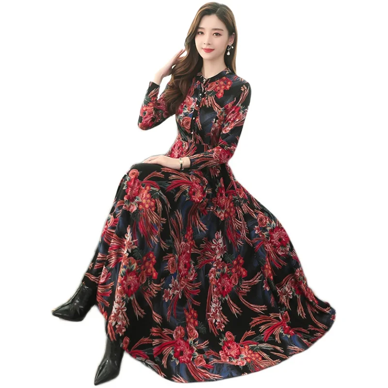 

2021 Spring Winter Casual Dresses 4XL Plus Size Vintage Floral Red Office Lady Shirt Midi Dress Classy Women Party Maxi Vestidos