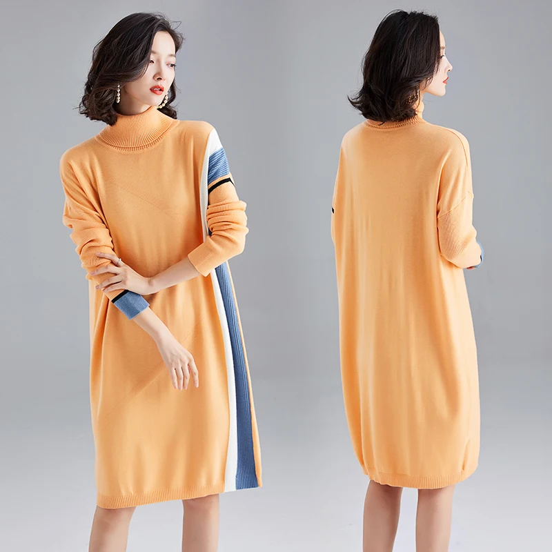 Осенне-зимнее женское кашемировое платье с высоким воротником платье-пуловер