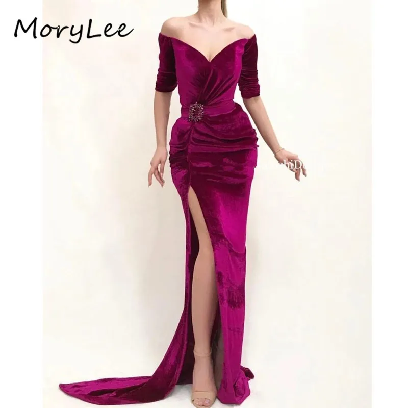 

Сексуальные вечерние платья с v-образным вырезом, половинные рукава, длина до пола, Русалка, шлейф, велюровое вечернее платье, vestidos de fiesta de noche