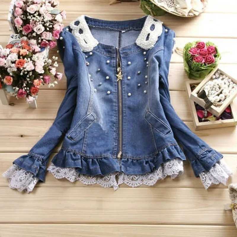 Женская джинсовая куртка WSYORE новая с потертым жемчугом на воротнике кружевное