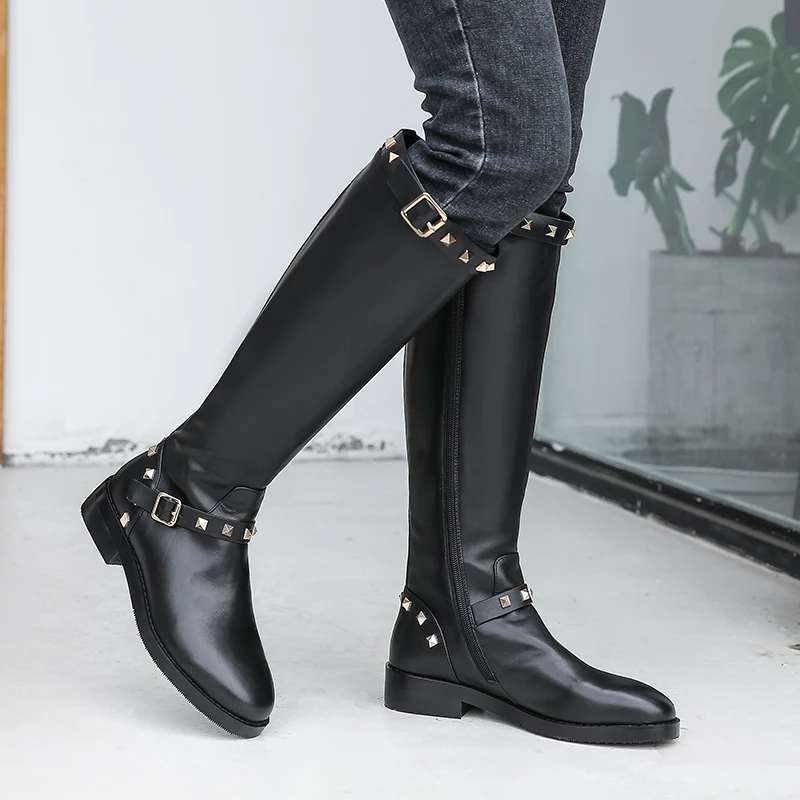 

MoonMeek 2020 hot sale genuine leather women boots med heels round toe buckle zipper women shoes winter knee high boots