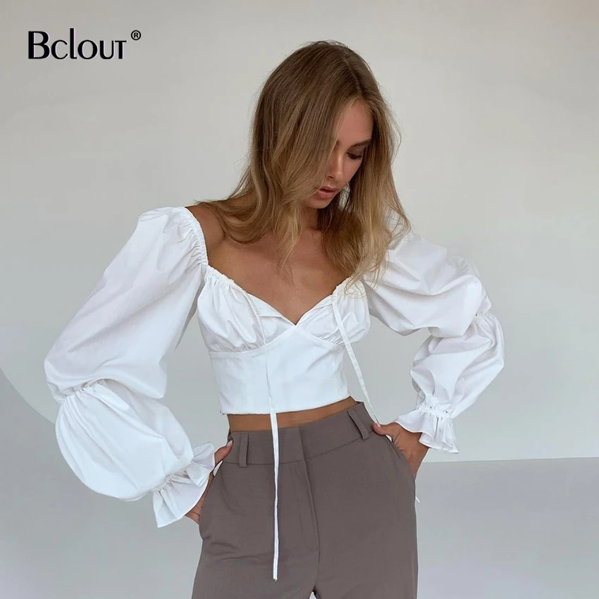 

Белая блузка на шнуровке Bclout, тонкая элегантная летняя пикантная укороченная блузка с пышными рукавами, женская рубашка 2021 с квадратным выр...
