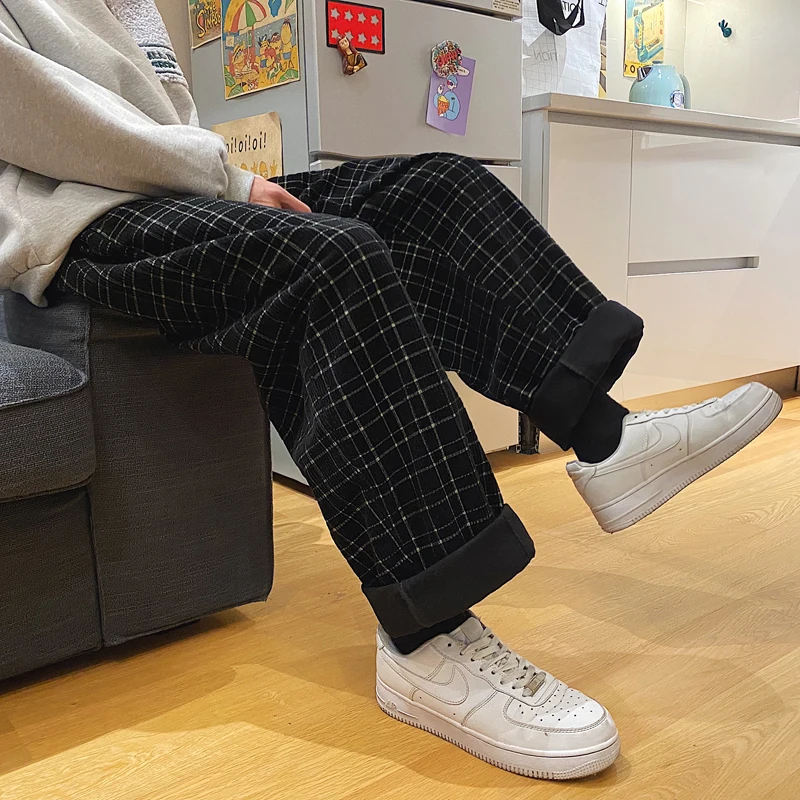 

Autumn Winter Thickened Corduroy Pants Men's Fashion Casual Retro Plaid Pants Men Streetwear Hip-hop Straight Wide-leg Pants Men