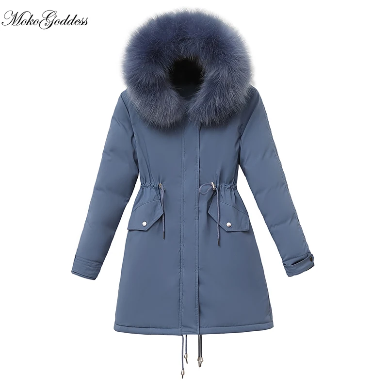 

MokoCotton Liner Parker Parka 2020 New Winter Jacket Women Medium Long Hooded Parka Fashion Fur Collar Coat Female Office Lady