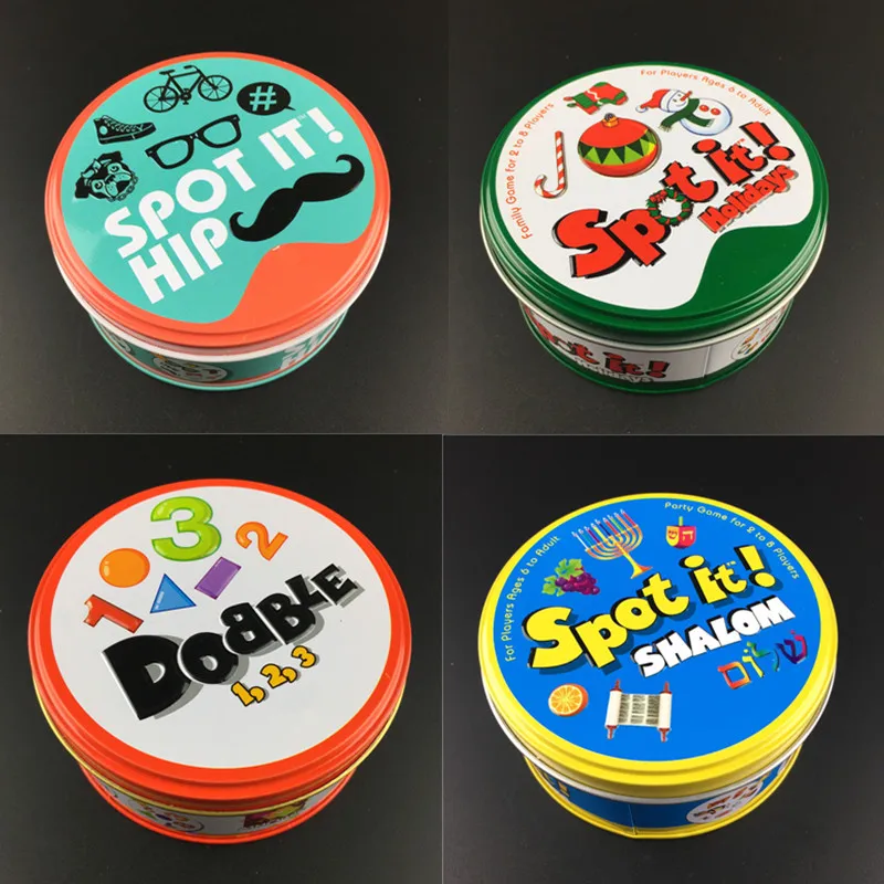 

Dobble 16 styles Spot It Card Game Toy Iron Box Sport Go Camping Hip Kids Board Games Gift Animals Alphabet123