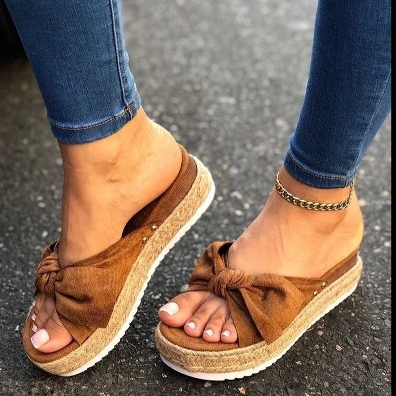 

Women Slippers 2022 Summer Platform Wedges Mid Heels Bow Tie Peep Toe Fashion Slides Beach Outdoor Ladies Shoes Zapatos De Mujer