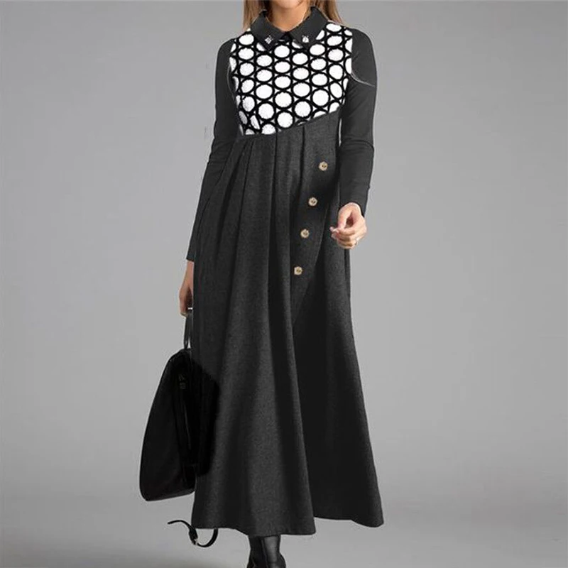 

Autumn Buttoned Patchwork Party Dress Winter Long Sleeve Vintage Maxi Dresses Sexy Polka Dot Print Long Dress Women