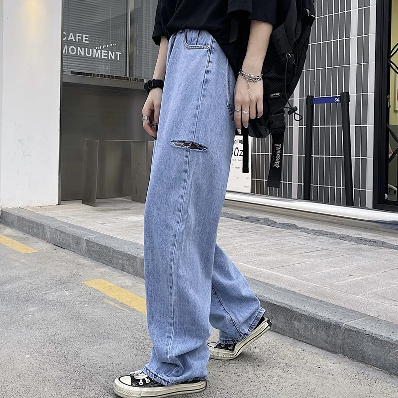 

SHENGPALAE Streetwear Hole Jeans Women's Spring Summer 2021 New High Waist Blue Loose Straight Denim Pants Female Tide 5E140