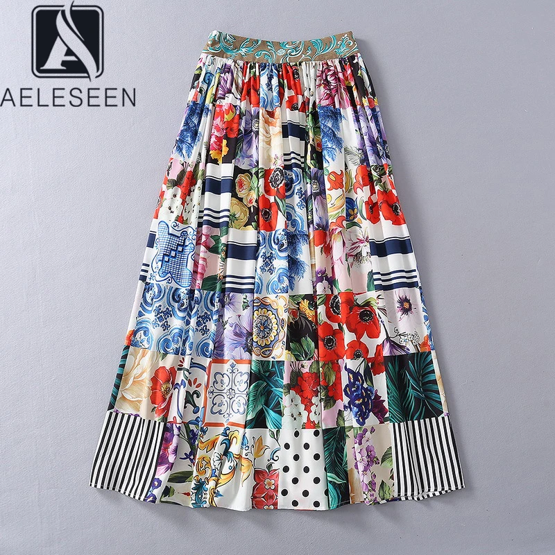 

AELESEEN Spring Summer High Waist Skirt 2021 Runway Fashion Beach Porcelain Flower Print Dots Striped Holiday Beach Skirt