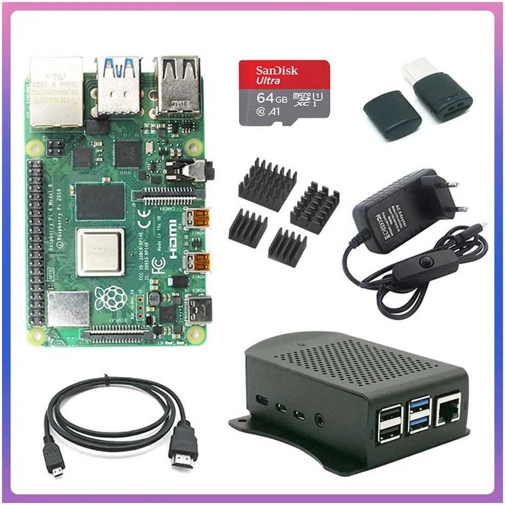 Оригинальный Raspberry Pi 4 2 ГБ Гб ОЗУ 64 карта памяти алюминиевый адаптер 3A Metel Box чехол