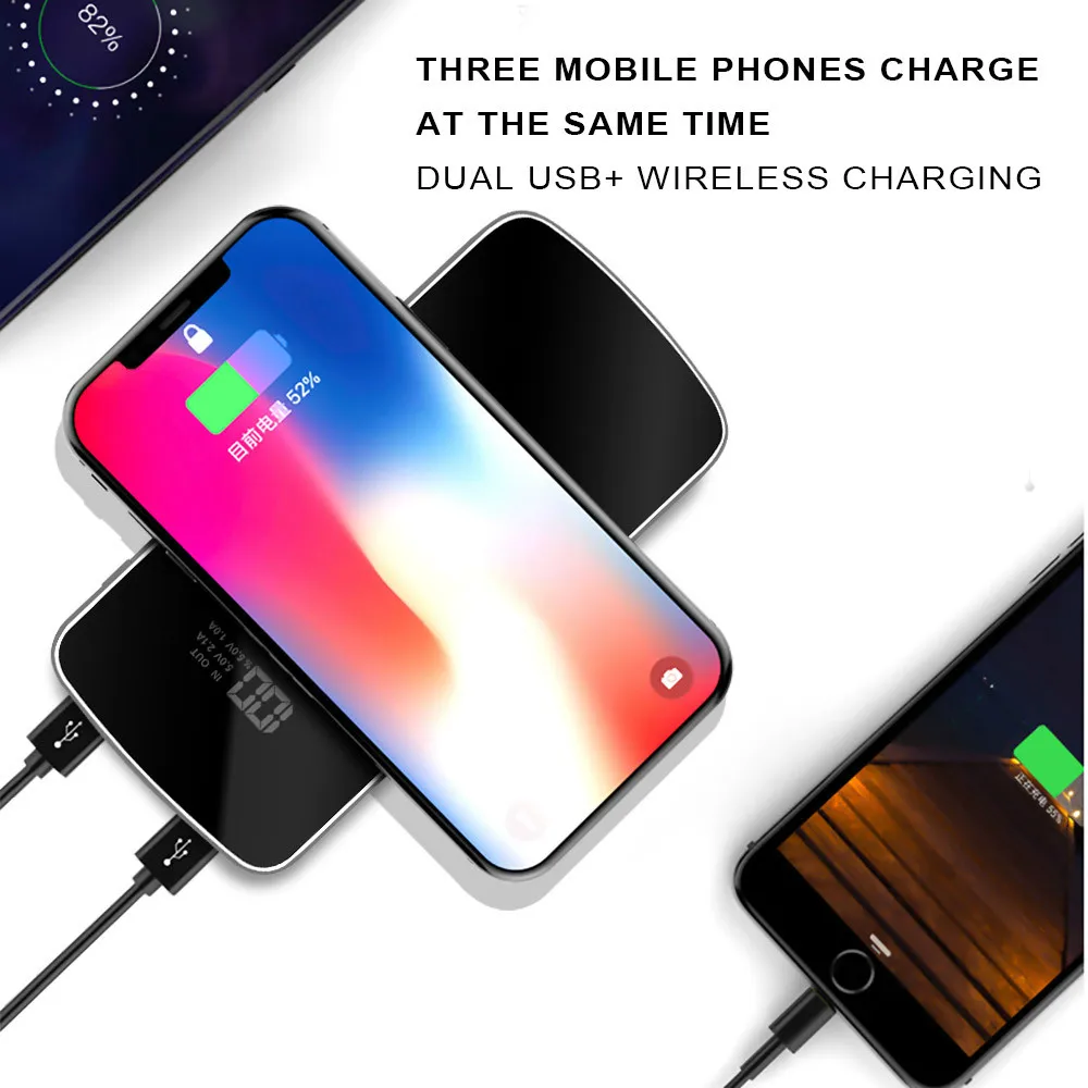 Беспроводное зарядное устройство Qi 2 USB портативное быстрое 30000 мАч для iPhone 8 X XS Max