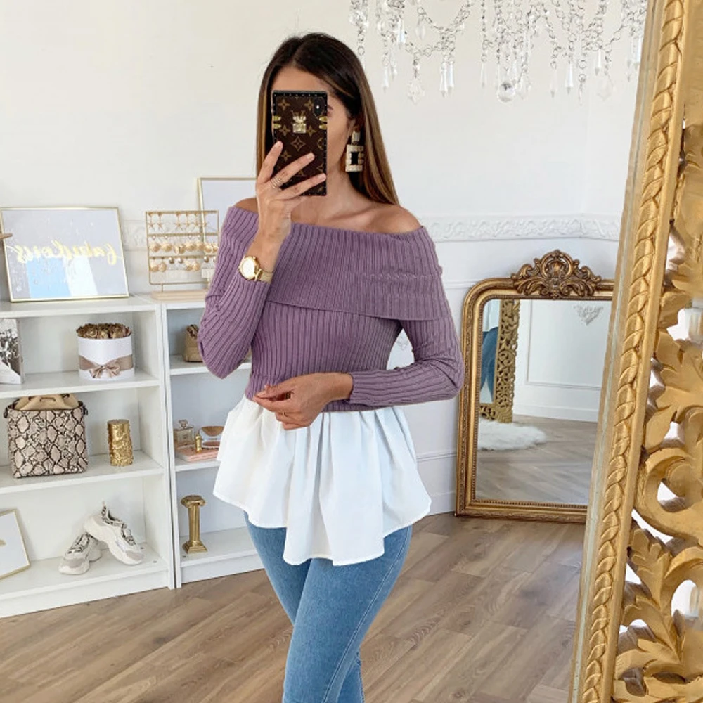 

Осень 2020 Новинка сексуальный облегающий свитер с открытыми плечами и оборками на подоле женская элегантная милая блузка с длинными рукавам...