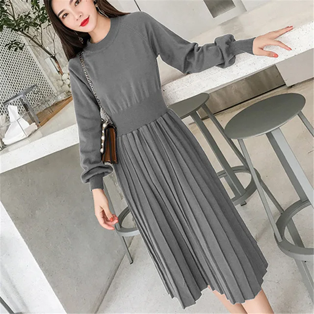 Gray Thick Knitted Korrean, платье-свитер, модные женские вязаные платья, элегантные женские плиссированные свитера с высокой талией, платье, зимние женские платья в винтажном стиле платья женские вязаное платье трикотажное платье - Цвет: Gray Thick Knitted