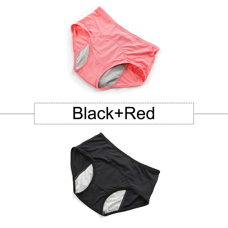 Black Red 2 шт./партия, хлопковые менструальные трусики, герметичное нижнее белье для женщин с высокой талией, бесшовные трусы с дышащими отверстиями, большие размеры - Цвет: Black Red