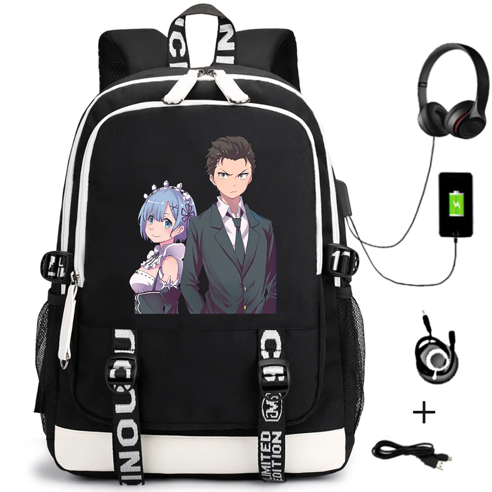 

Re:Life In A Different World From Zero Casual Unisex Backpack Cartoon Student Zipper Travel USB Laptop Shoulders Bags Bookbag