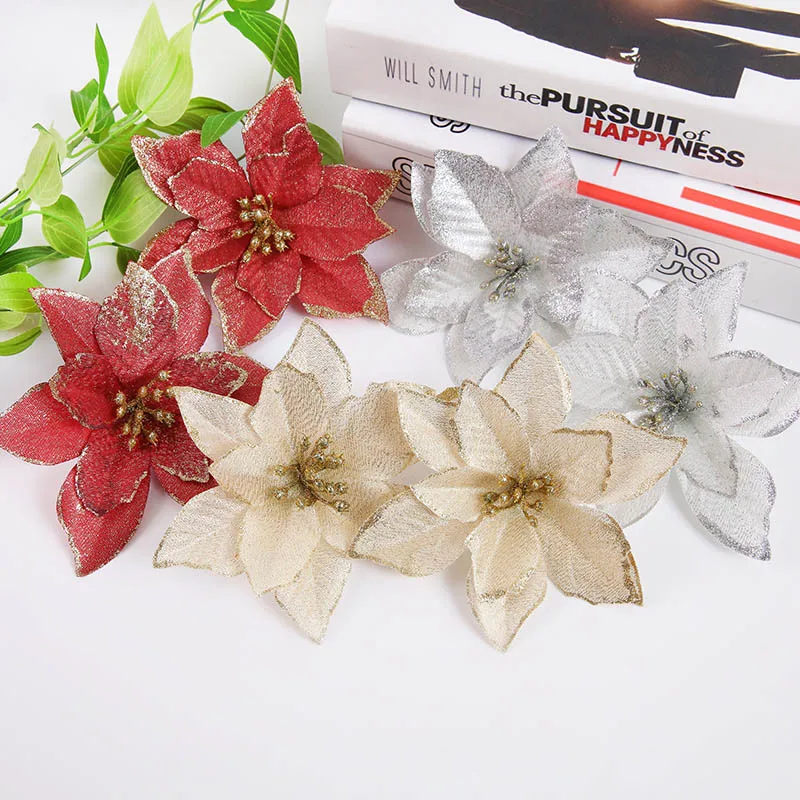 Mixed 3 colors 50 шт., рождественские цветы, блестящая пуансеттия, искусственные рождественские цветы, рождественские украшения для дома и улицы, Navidad - Цвет: Mixed 3 colors