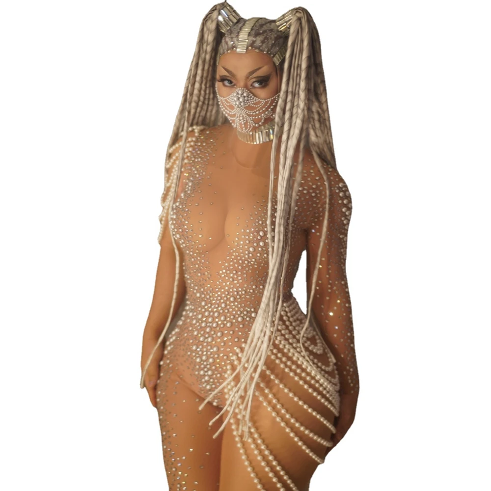 

Single Sleeve Leg Pearl Beading Rhinestone Jumpsuit Transparent Mesh Elastic Bodysuit Dance Leotard Nightclub Party Sexy Costume