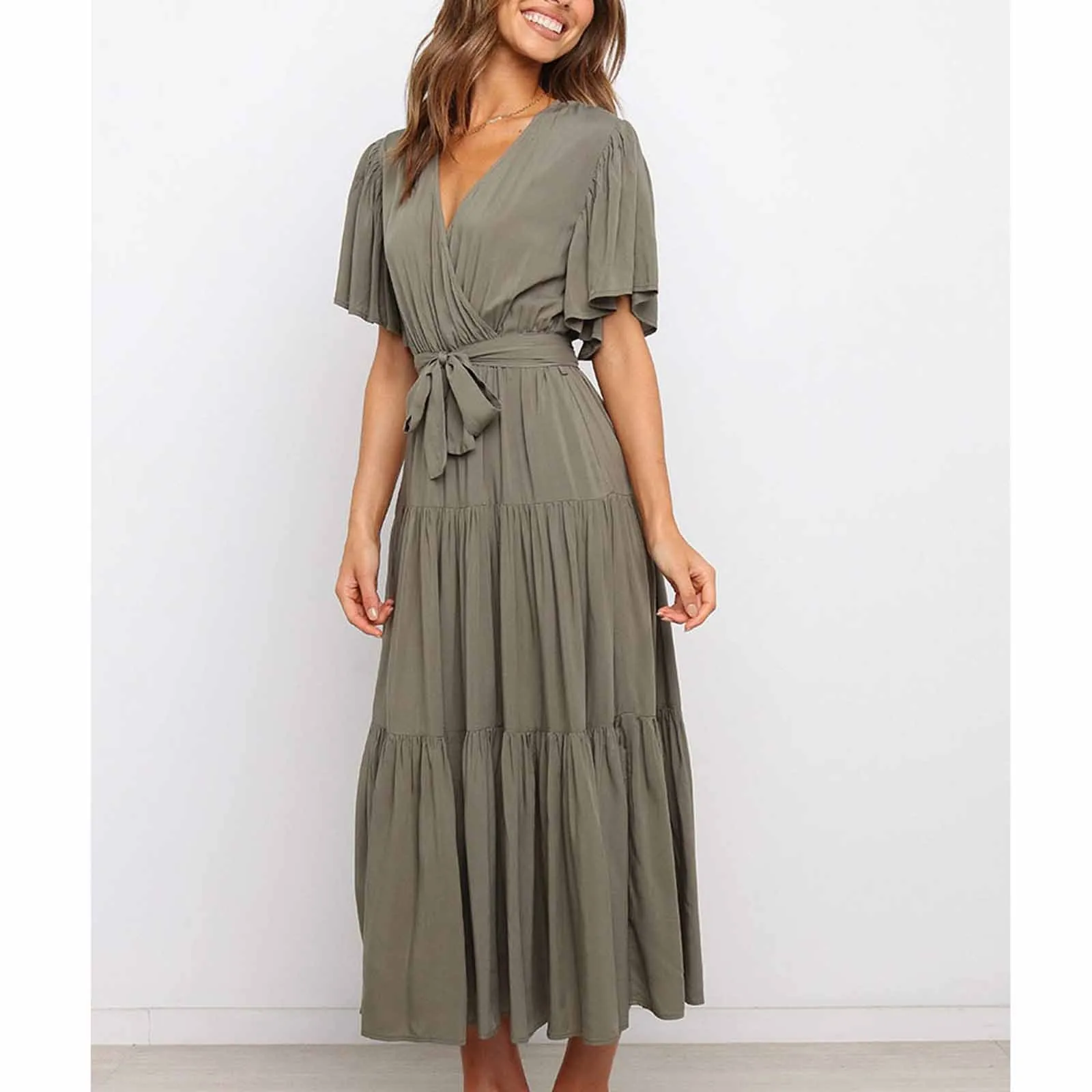 

2021 Casual Vestidos Beach Pure Color Summer Dresses Women's Clothes Midi Flared Sleeve Cascading Ruffle Shirt Dress Female Robe