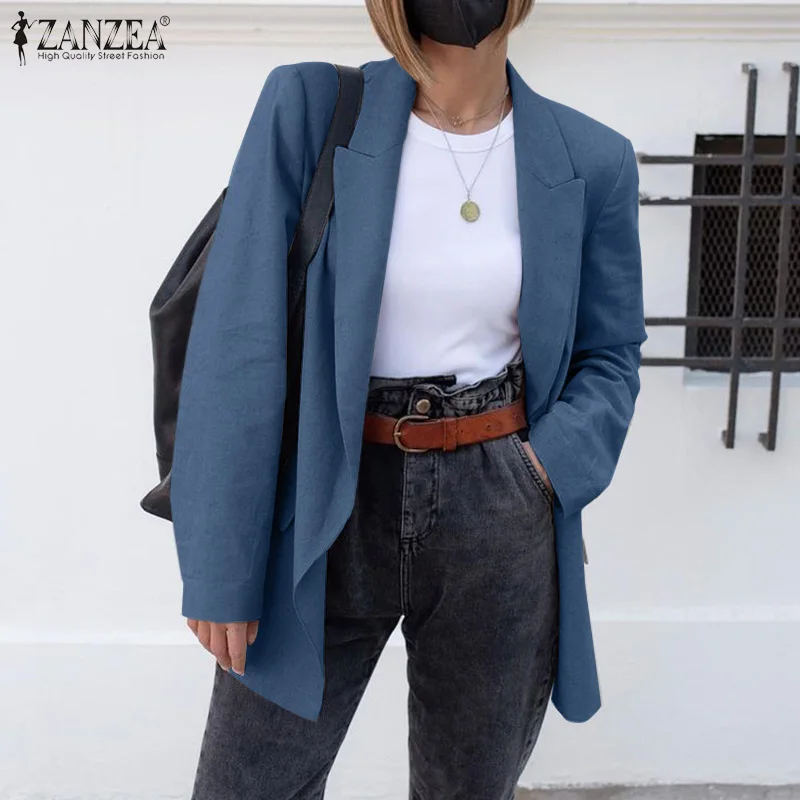 

Womens Solid Officewear Coats 2021 Stylish Long Sleeve Cardigans Casual Lady Lapel Outwear Oversize ZANZEA Autumn Fashion Blazer