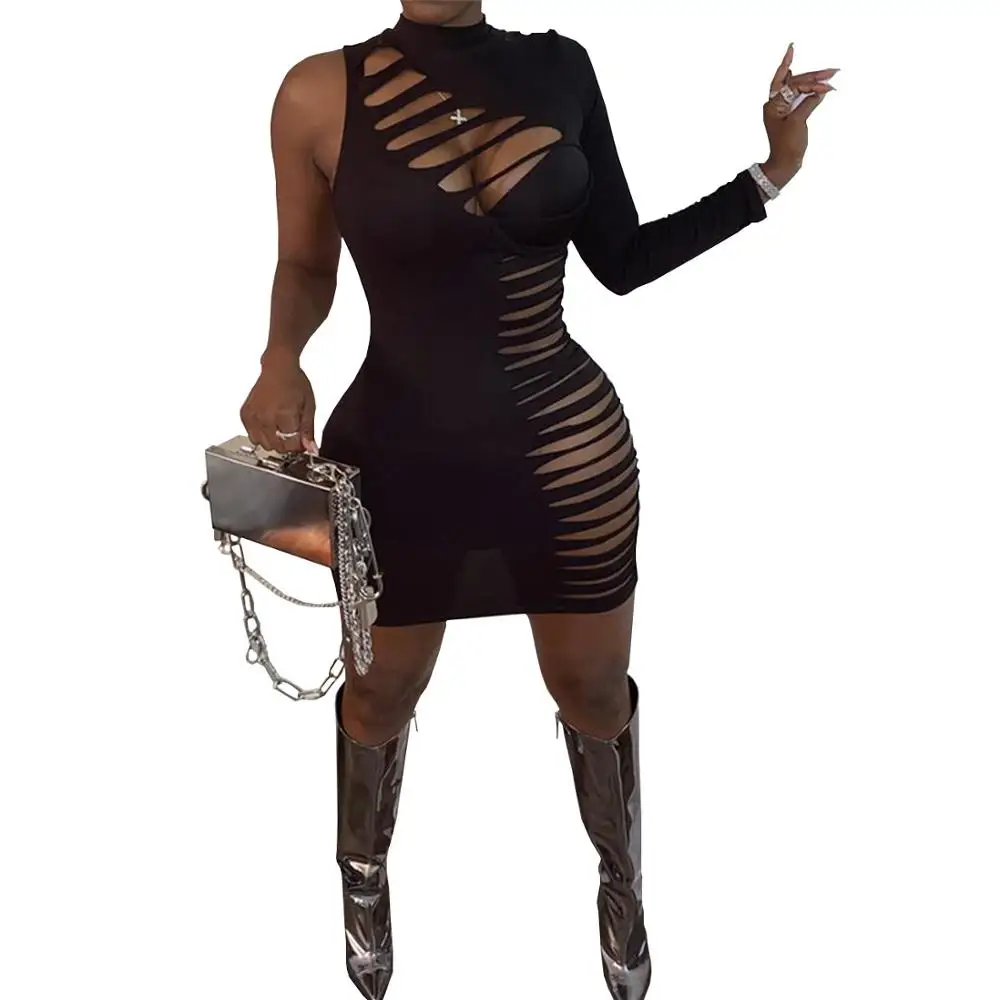 

Hot Selling Women Skinny Dress Nightclub Style O-Neck Single Long Sleeve Hollow Out Bodycon Mini Dresses For Party Autumn