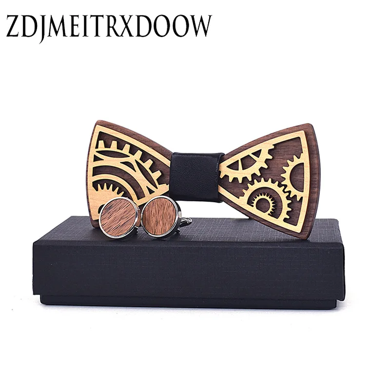 Новый дизайн зубчатое колесо деревянный галстук бабочка мужской Запонки Набор