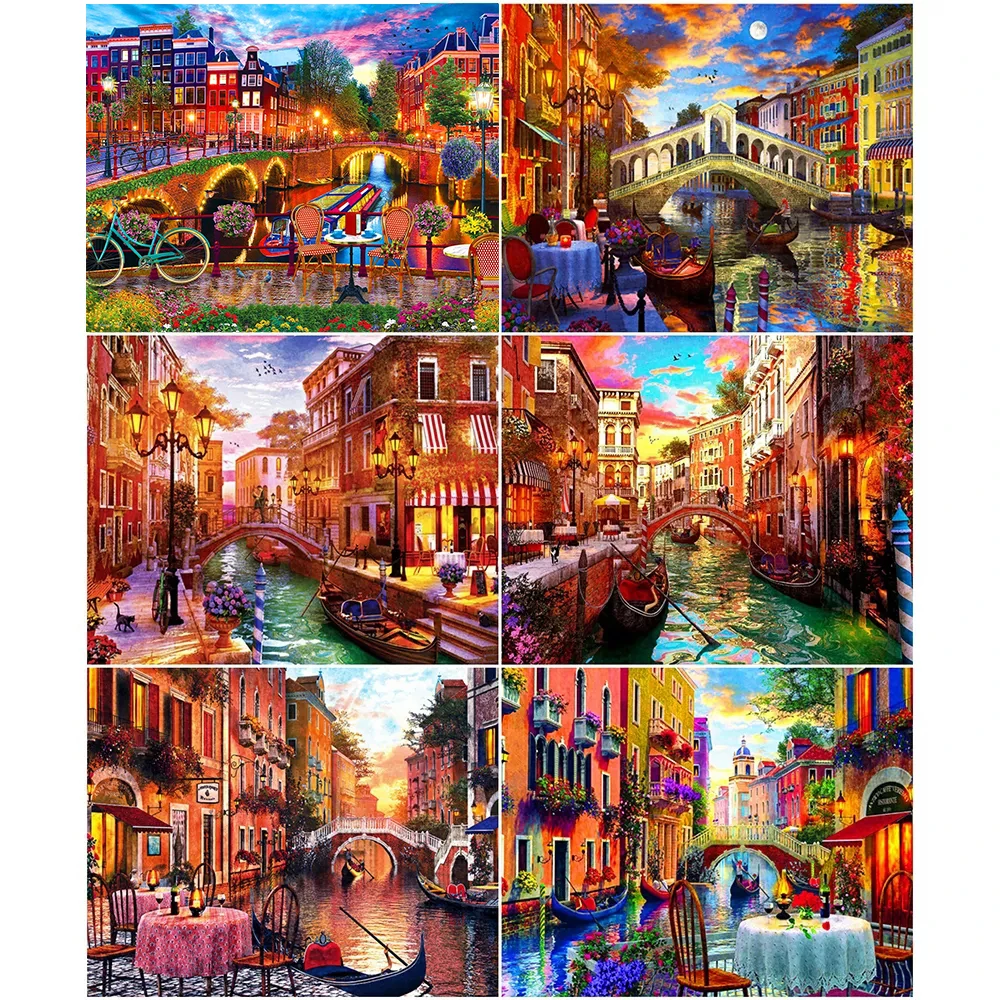 Городской пейзаж AMY-Venice квадратные алмазы/круглые алмазы Подарочная сумка для