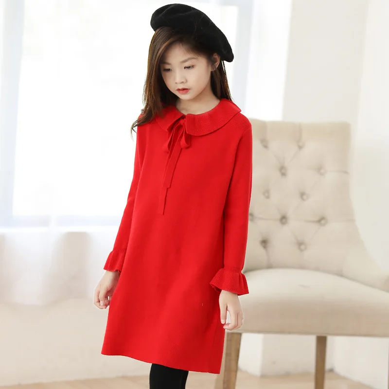 Осенне-зимнее красное трикотажное платье для девочек принцессы с длинными