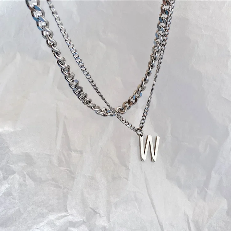 

W Letter Pendant Necklace for Women Double Chains Layered Necklaces Female Clavicle Chain Silver Color 2021 Fashion Jewelry