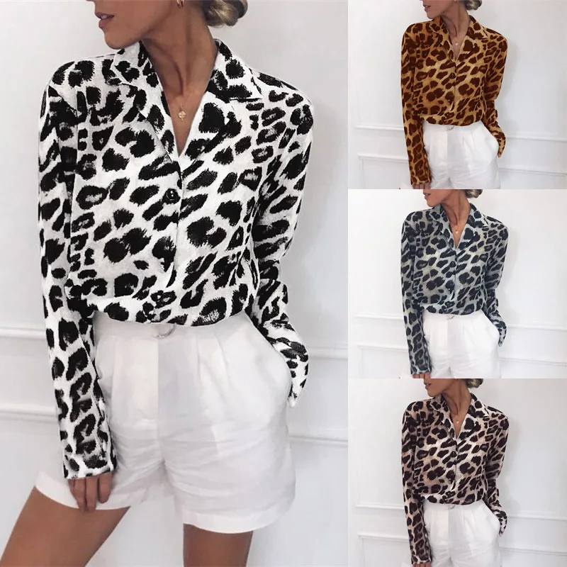 

Long Sleeve Casual Leopard Printed V-neck Chiffon Ladies Blouse women clothes womens clothing tops for women clothing women