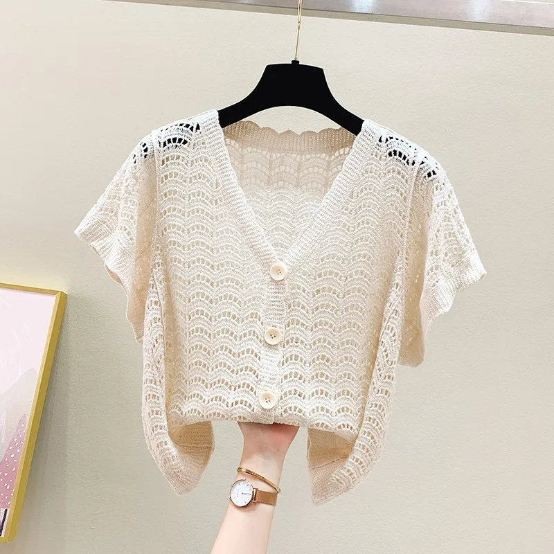 

Women Summer Hollow Out Lace Shirts New Arrival 2021 Fashion Korean Style V-neck Solid Color Loose Female Short Sleeve Tops W354