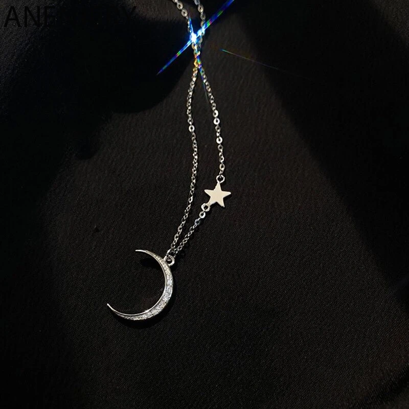 

925 Sterling Silver Fashion Moon Star Tassel Crystal Necklace for Women Jewelry Party dz499