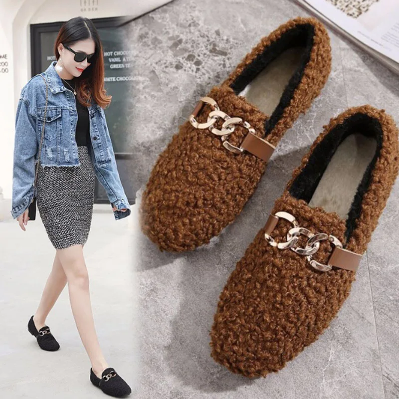 

Women's wool shoes 2021 cashmere lambs wool covered feet beans shoes women's bow thermal cotton shoes ladyboard shoes