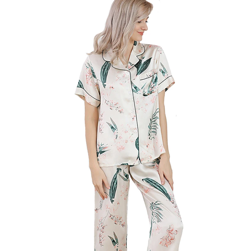Fashon New Fresh 100% genuine silk Flowers pajamas sets women sleepwear Korean sexy Elegant fashion pure silk womens pyjamas T01