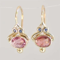 vintage oval pink cz dangle hook earrings yellow gold color wedding jewelry