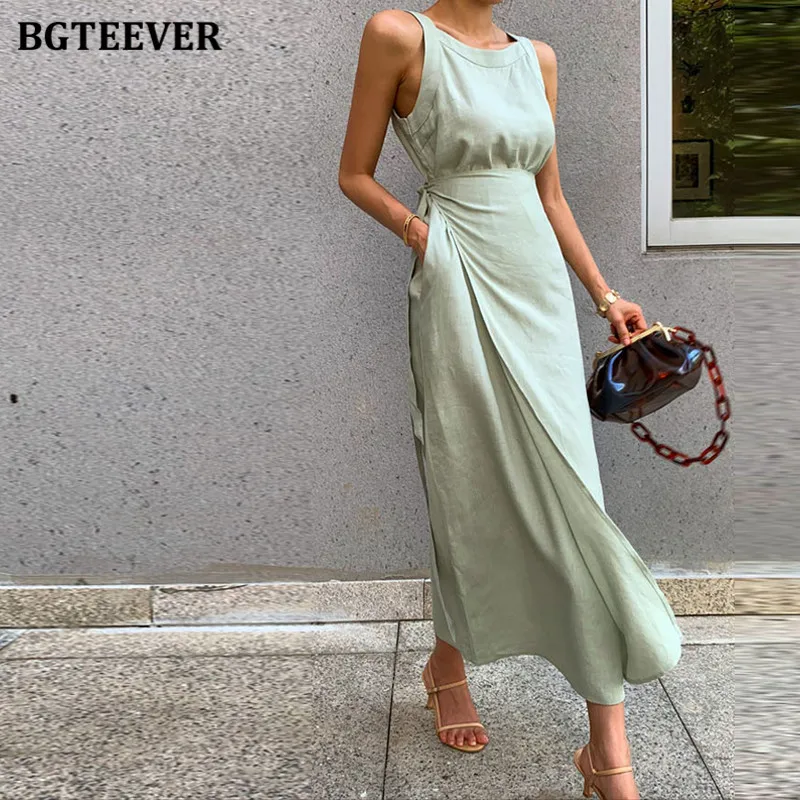 Платье BGTEEVER женское из хлопка и льна длинное цельнокроеное приталенное с