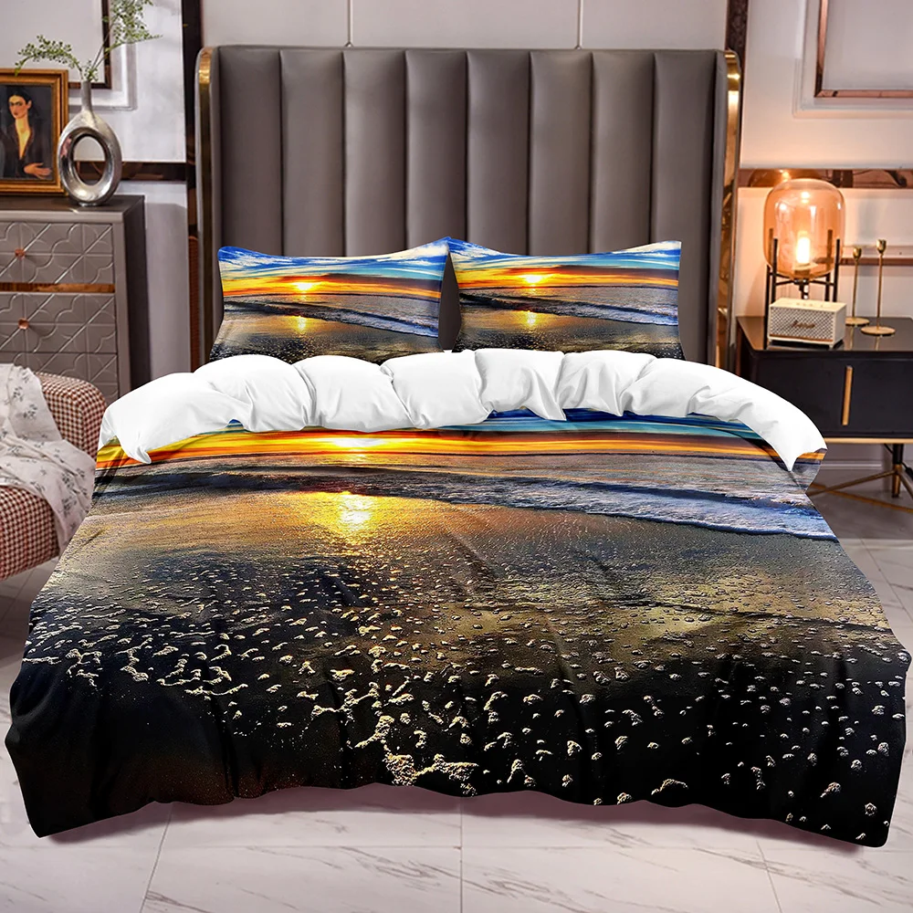 

3D Ocean Sunset Bedding Duvet Cover for Teens Sea Waves Comforter Cover for Kids with Blue Sky Natural View Theme Bedding Quilt