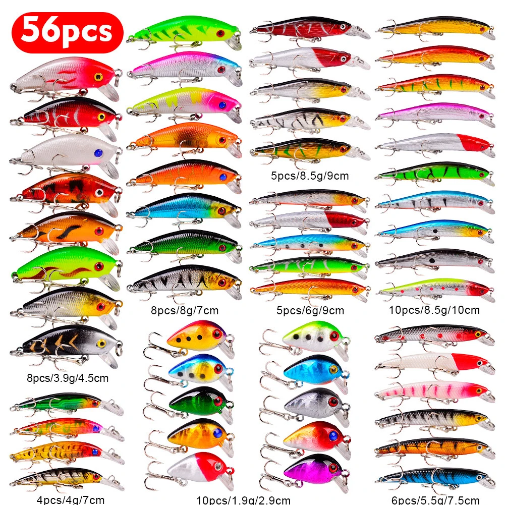 

56Pcs/lot Almighty Mixed Fishing Lure Kits Wobbler Crankbaits Swimbait Minnow Hard Baits Spiners Carp Bait Set Fishing Tackle