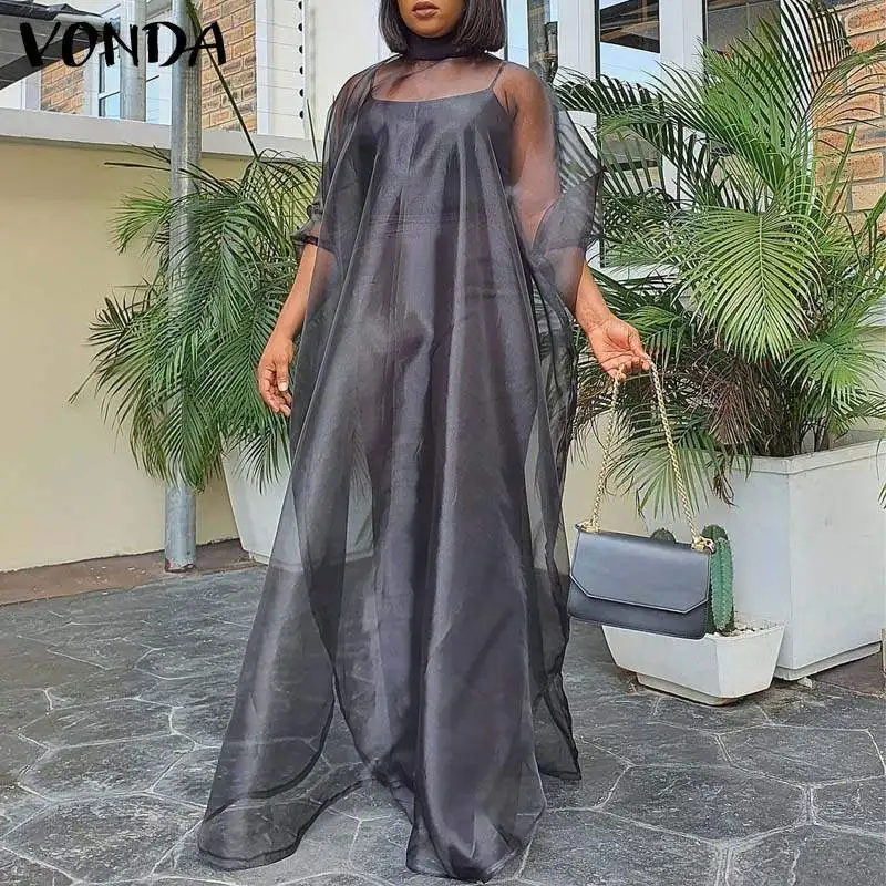 

2021 VONDA Women See Through DressTransparent Long Maxi Dress Sexy Stand Collar Puff Sleeve Party Vestidos Beach Sundress Femme