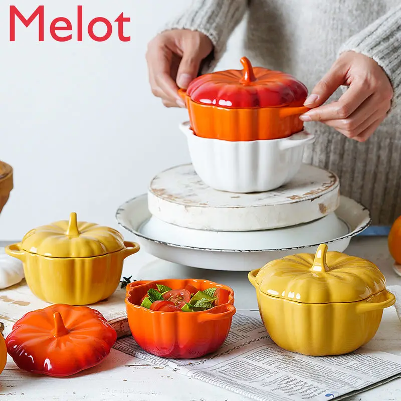 

High-End Creative Cute Pumpkin Steamed Egg Bowl Household Slow Cooker Ceramic Binaural Bowl with Lid Children's Bowl