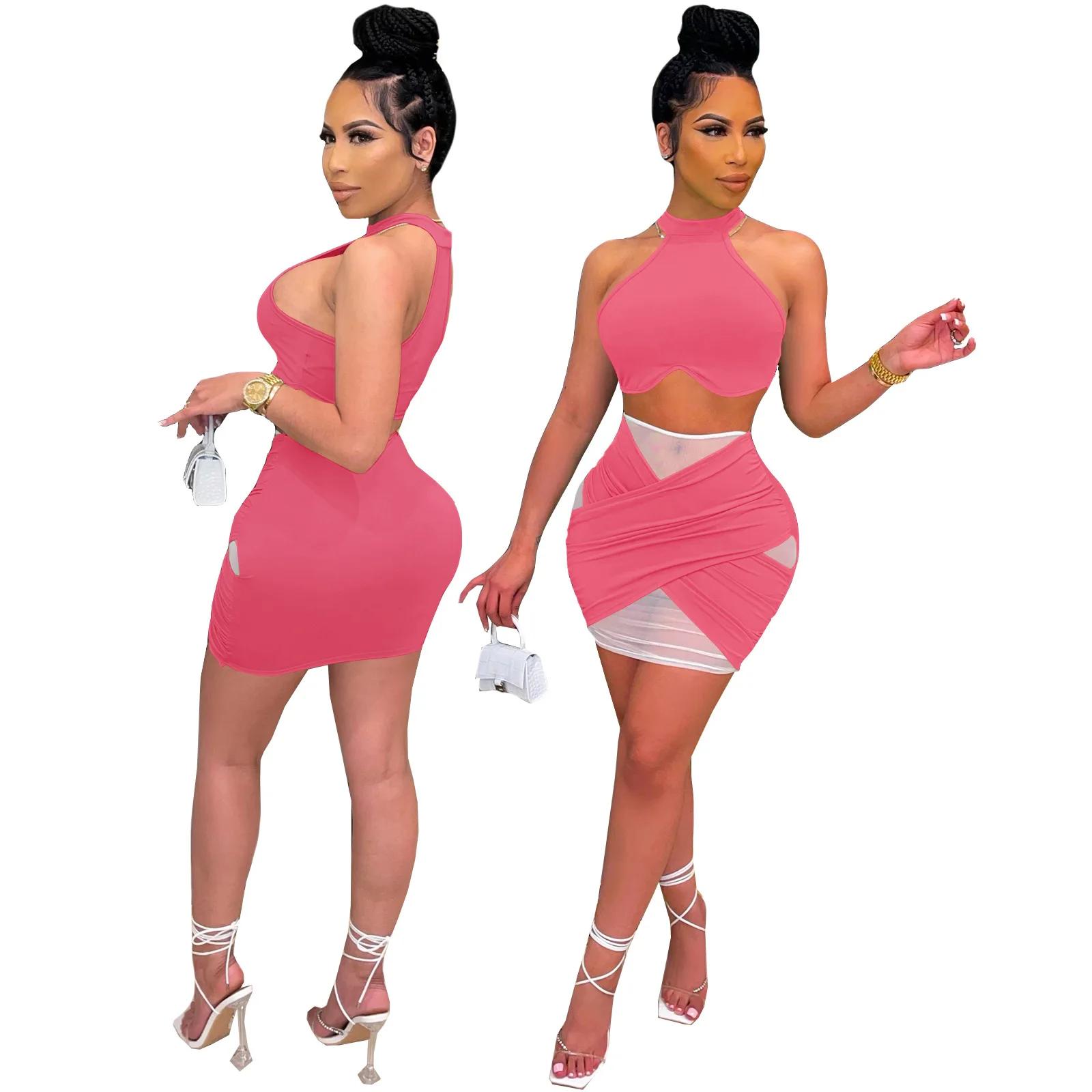 

Sexy Women Skirt Set Tracksuit Color Patchwork Matching Set Top And Mini Dress Outfit